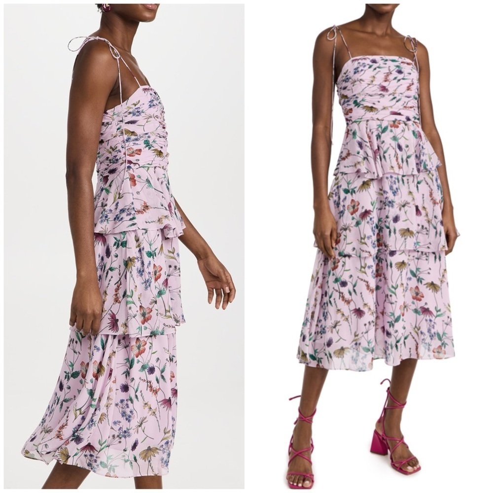 NWT AMUR Acacida Tie Shoulder Ruffle Midi Dress in Lilac Lily Dreamy Wildflower - Picture 2 of 16